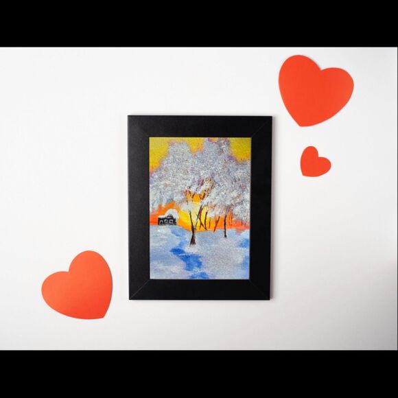 Original Forest Sunset Watercolor Painting Winter Landscape Christmas Wall Art - Picture 3 of 9